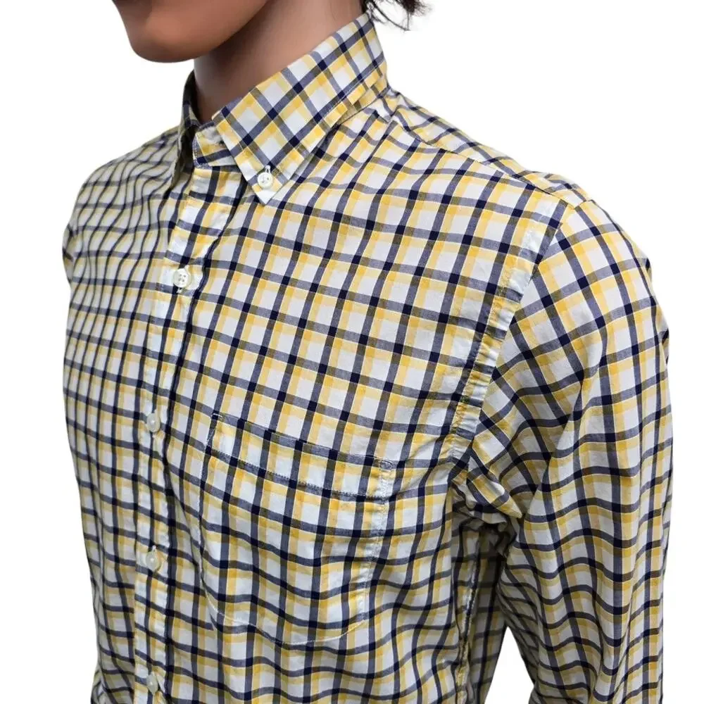 J. Crew NY Light Weight Shirt Men S Button Down Yellow Navy White Check Plaid